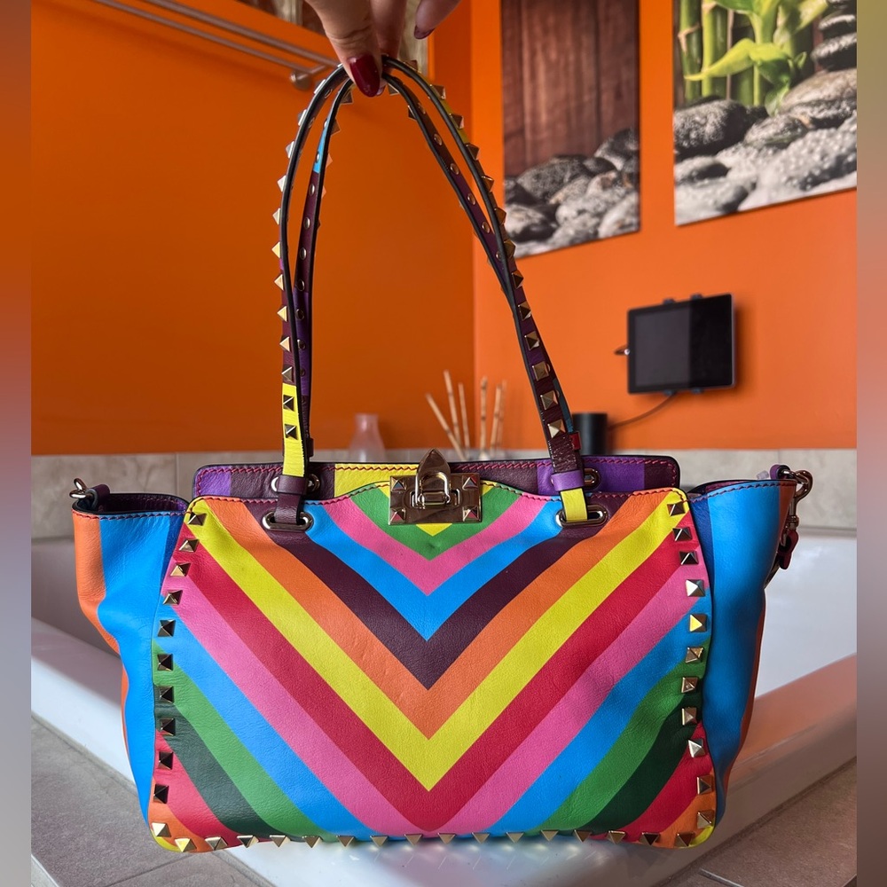 Valentino Garavani Multicolor Rockstud Striped Leather Small Bag